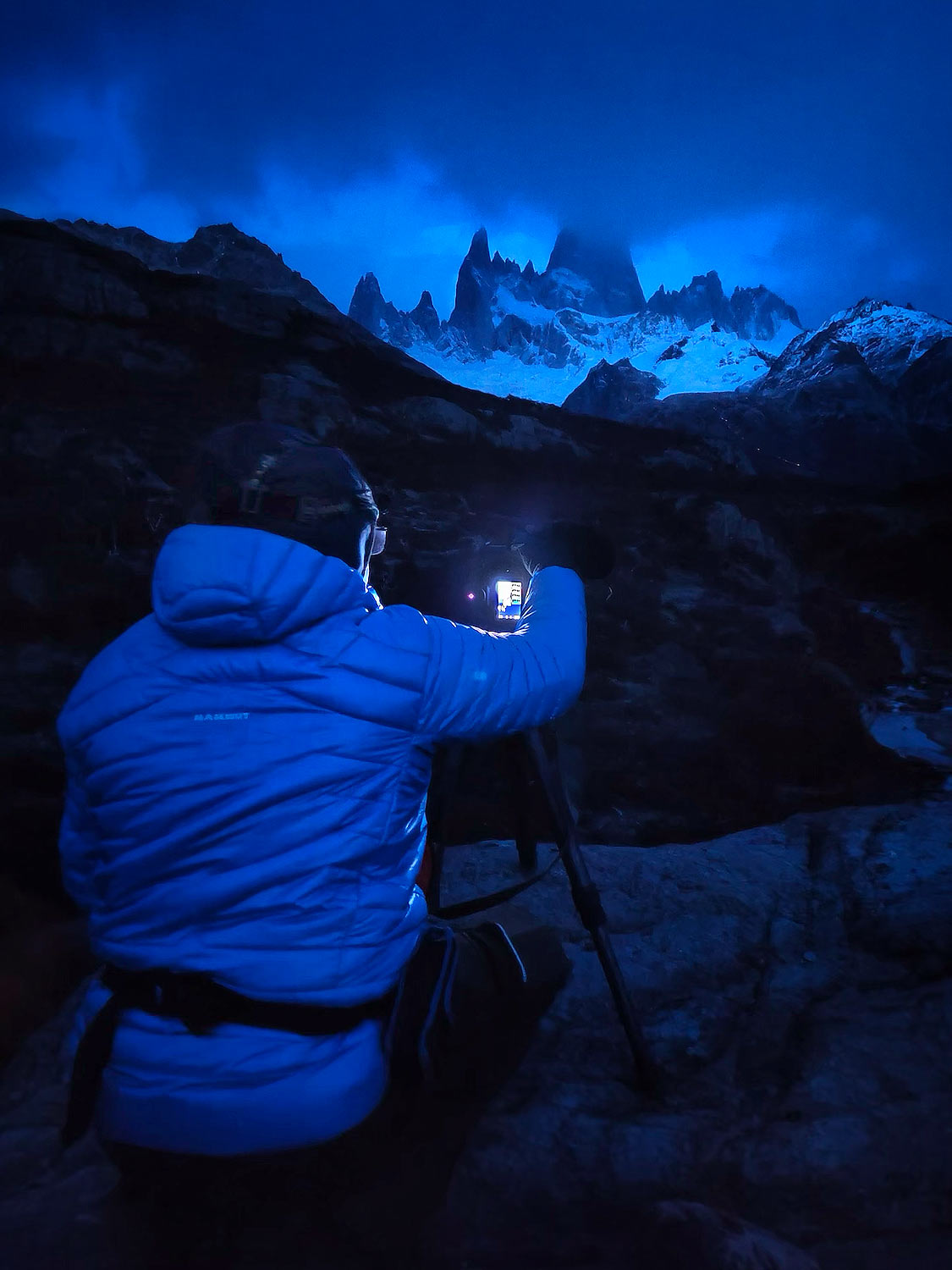 Participant photographing Fitz Roy at dusk during the Patagonia Photo Workshop and Patagonia Photo Tour
