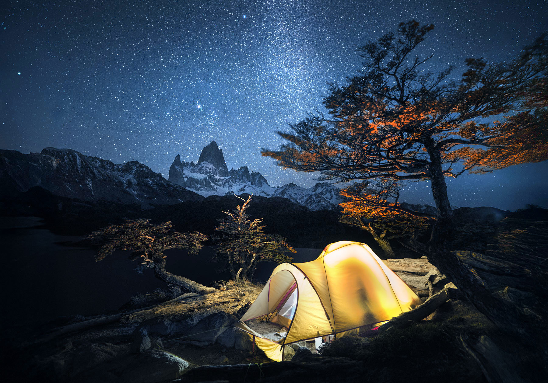 Campsite at El Chaltén with Fitz Roy mountains in the background – Patagonia Photo Workshop